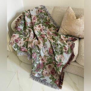 Vintage Calla Lily Rose Floral Tapestry Throw Blanket Cotton Fringe Cottagecore